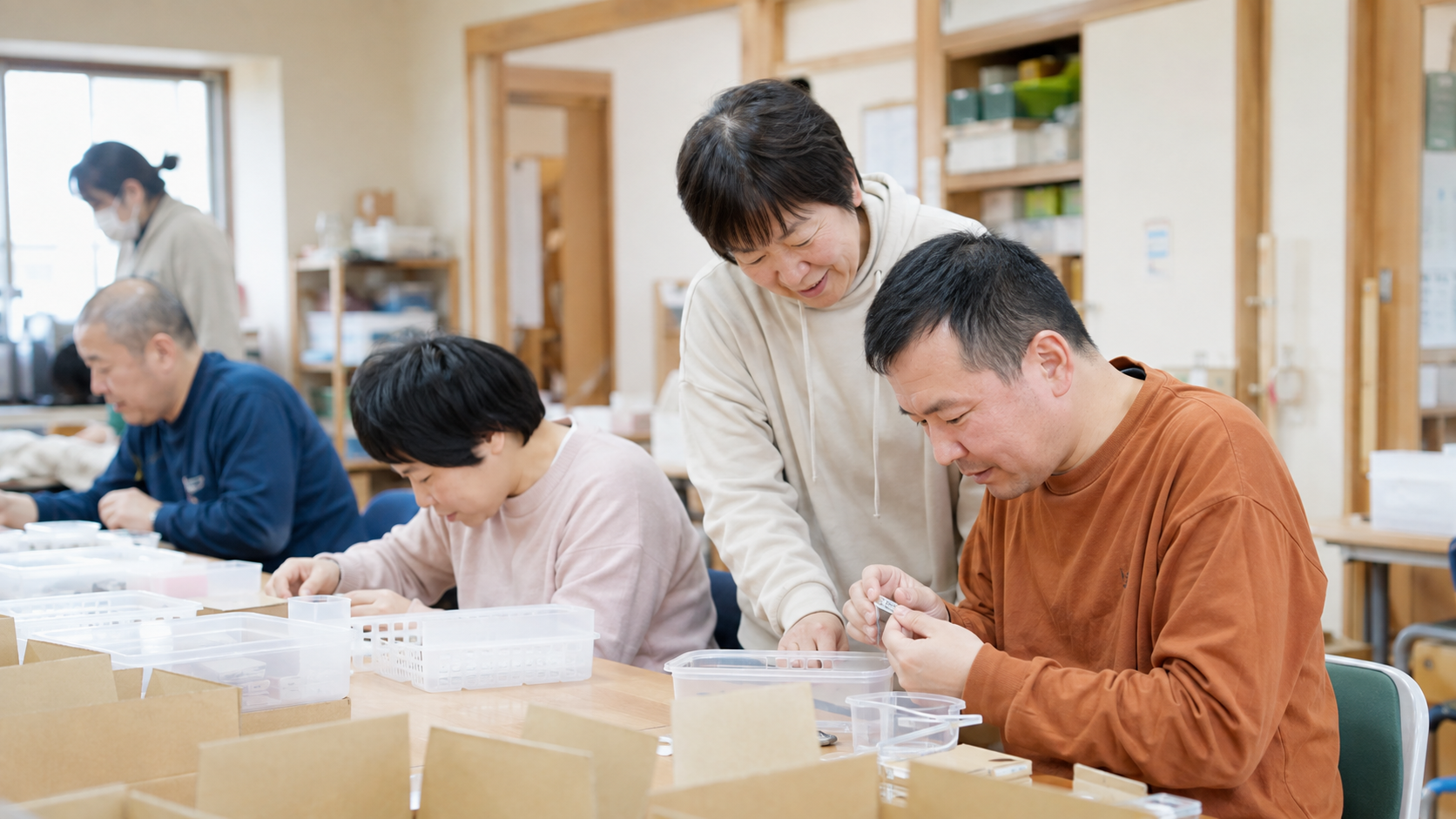 軽作業に取り組む利用者と支援員