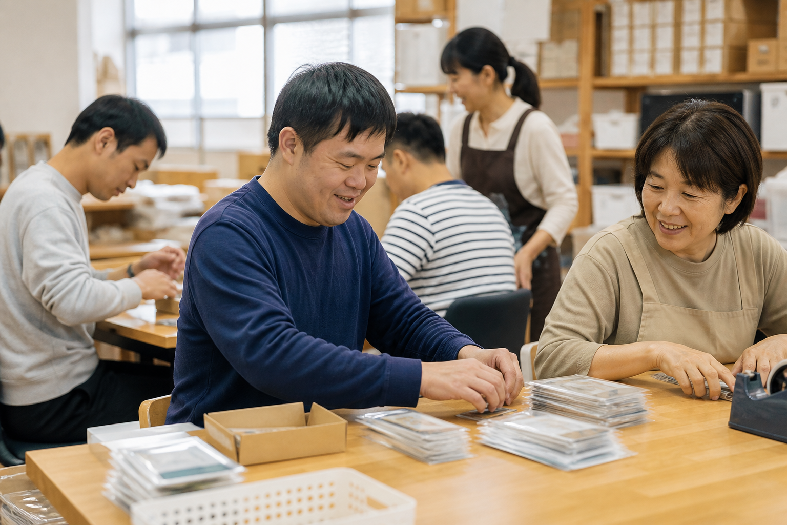 明るい作業スペースで協力して作業する様子